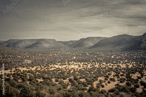 Open desert canyon with brush covering the ground in rural New Mexico