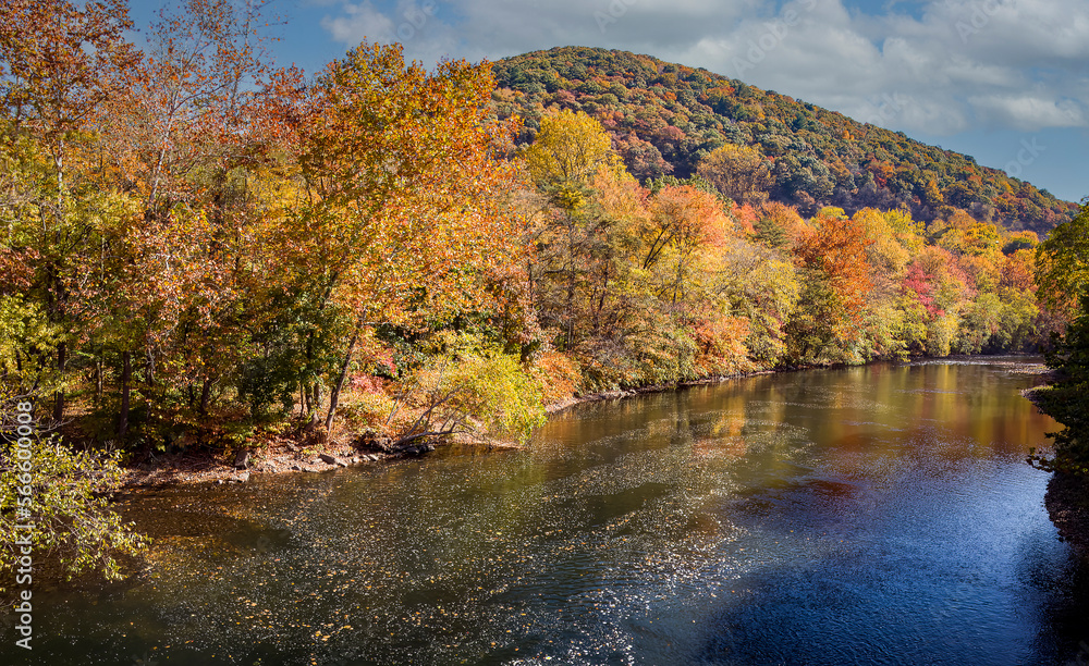 View of Autumn Colors by a River and Mountain Side on a Sunny Day View of Autumn Colors by a River and Mountain Side on a Sunny Day