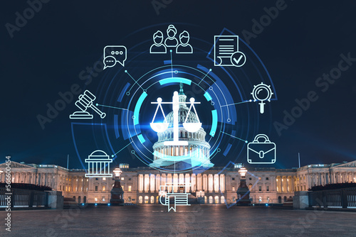 Front view, Capitol dome building at night, Washington DC, USA. Illuminated Home of Congress and Capitol Hill. Glowing hologram legal icons. The concept of law, order, regulations and digital justice