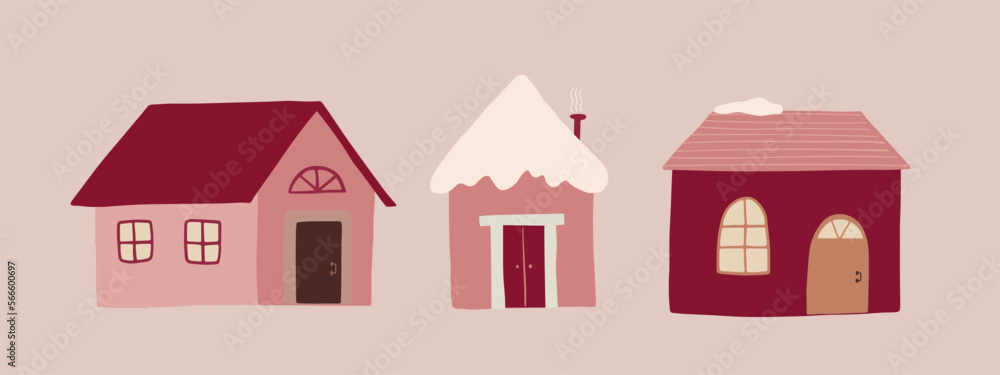 Winter cute cozy houses. Sweet doodle pink home isolated on white background. Vector illustration