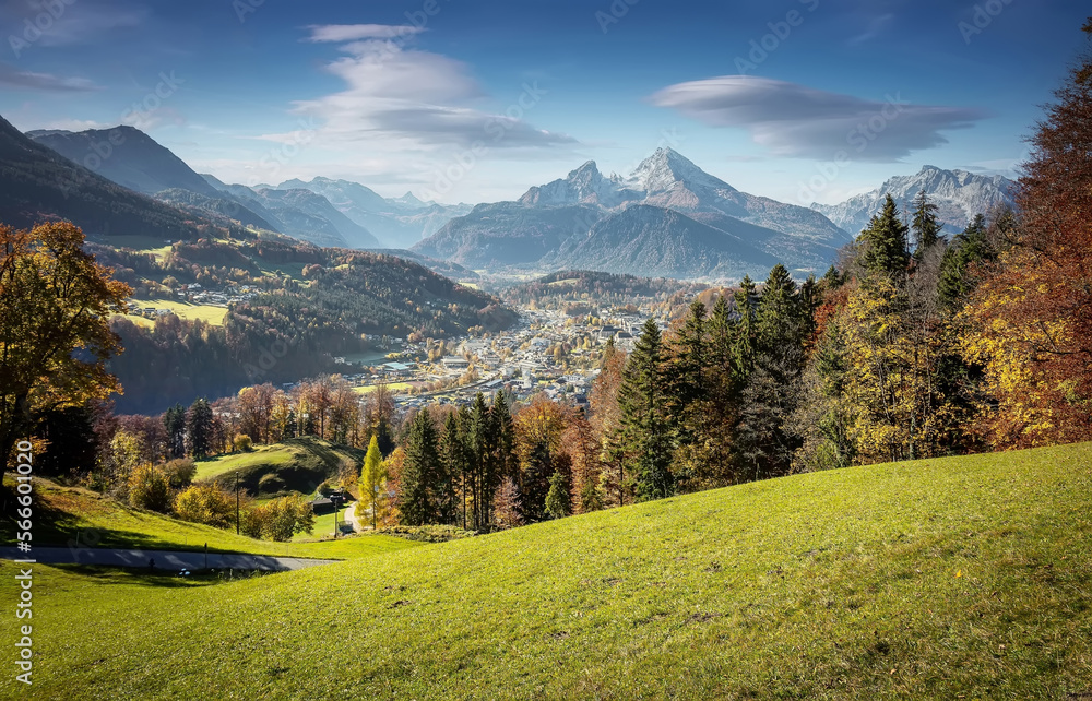 Wonderful Nature landscape. Gorgeous mountain landscape in the Bavarian Alps with village of Berchtesgaden and Watzmann massif in the background at sunrise, Nationalpark Berchtesgadener Land, Bavaria