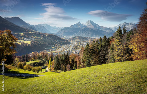 Wonderful Nature landscape. Gorgeous mountain landscape in the Bavarian Alps with village of Berchtesgaden and Watzmann massif in the background at sunrise, Nationalpark Berchtesgadener Land, Bavaria © jenyateua