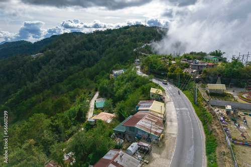 Aerial of Halsema Highway in Atok, Benguet. Fog encroaching into the top of the ridge.