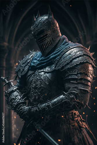 Foto A medieval knight standing in a dark castle wearing powerful armor and a helmet