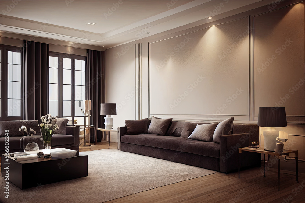 Fototapeta premium Large luxury modern elegant interiors Living room mockup. Modern style of furniture decoration. Generative AI illustration.