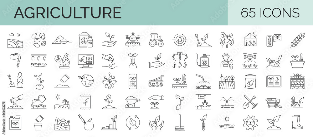 Farming and agriculture outline symbol collection. 65 editable stroke icons. Vector illustrator - obrazy, fototapety, plakaty 