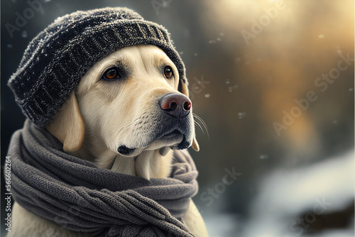 Portrait of a labrador dog in a hat and scarf. AI generated photo