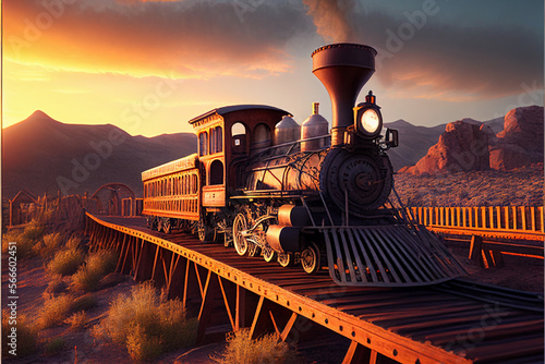 A steam locomotive from the times of the Wild West rides over a wooden bridge. AI generated.