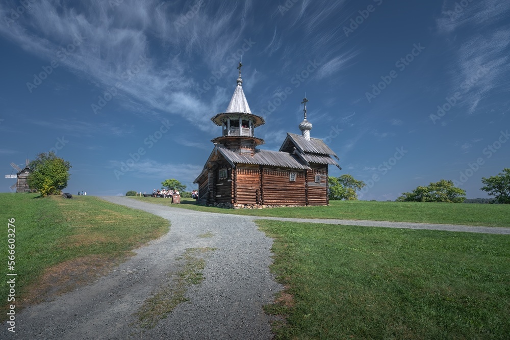 Kizhi island, Historical Russian village, Orthodox Church of the Intercession of the Virgin in Kizhi Pogost. Kizhi Island, Lake Onega, Karelia, Russia.