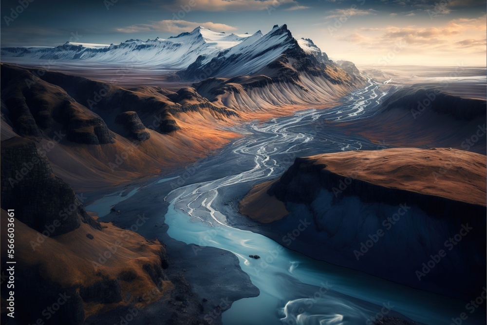  a river running through a valley surrounded by mountains under a cloudy sky with a mountain range in the distance and a river running through the valley below.  generative ai