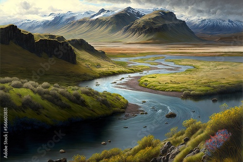  a painting of a river running through a lush green valley with mountains in the background and clouds in the sky above the river is a grassy area with rocks and grass. generative ai