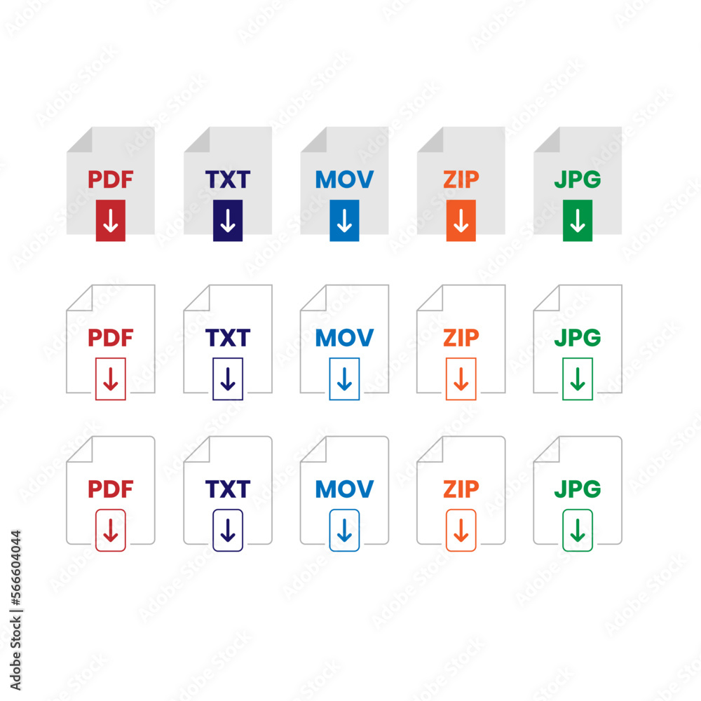vector set of flat file document format icons for web or ui Stock