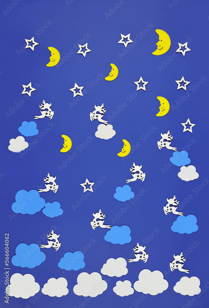 Positive fairy tale background for kids with jumping deer ,stars, yellow moons,  white and blue clouds on the night dark blue sky.  free copy space