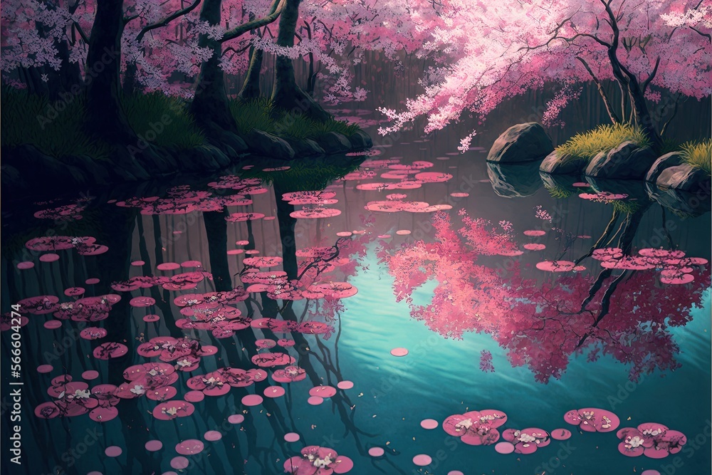  a painting of a pond with pink flowers and trees in the water and rocks in the water with lily pads on the water and rocks in the foreground.  generative ai - obrazy, fototapety, plakaty 