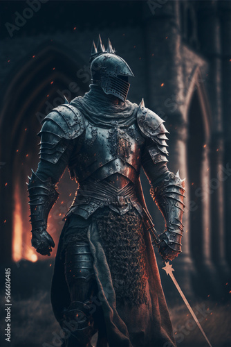 Leinwand Poster A medieval knight standing in a dark castle wearing powerful armor and a helmet