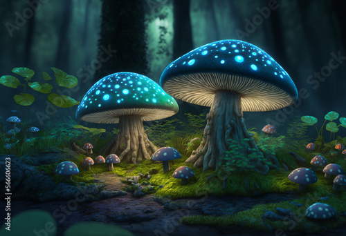 A Mystical Woodland of Glowing Fungi: An AI-Generated 3D Render of a Vibrant, Starry Night