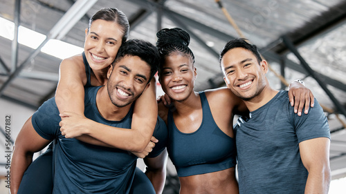 Fitness, happy and portrait of friends in gym for teamwork, support and workout. Motivation, coaching and health with group of people training in sports center for cardio, exercise and wellness