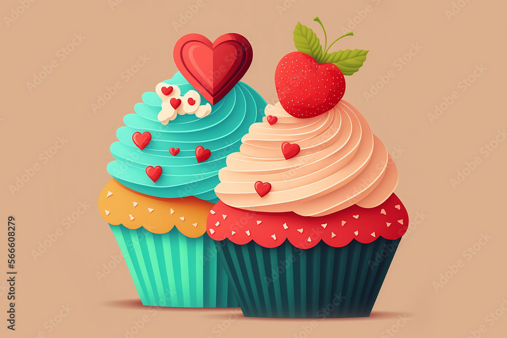 Flat design of sweet love cupcakes in bakery store, valentine's day concept and selective focus generated by AI. Flat design of sweet love cupcakes in bakery store, valentine's day concept and selective focus generated by AI.