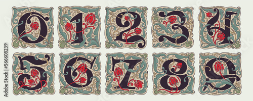 Numbers set. Vintage colored antique gothic style drop cap logos. Premium vector initials.
