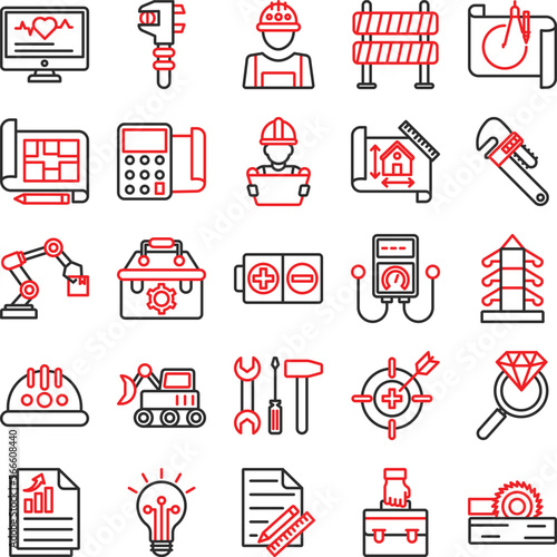 Engineering vector icons, architecture icons pack, construction vector icons, engineering icons pack, repairing icons set, icons collection of engineering, engineering line dual icons set 
