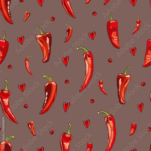 Cayenne pepper and small red hearts seamless pattern. Hot and spicy vegetable fabric design. Olive green colour.