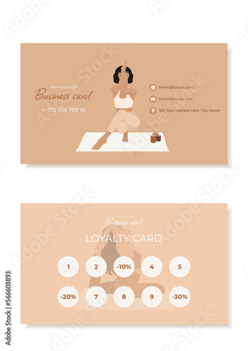 Business card template with illustrations of girls in yoga poses, loyalty cards for yoga studio clients, trainer business card. Vector
