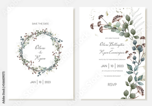 Elegant set of rustic wedding invitation cards with plants, leaves and dried flowers. Vector template