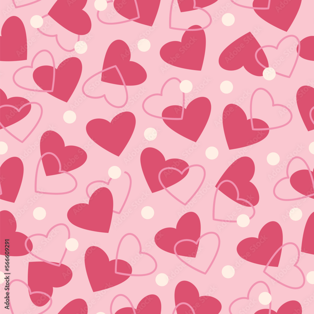 Red hearts vector seamless pattern on pink background. Cute valentines day illustration for card, fabric, wallpaper or wrapping paper