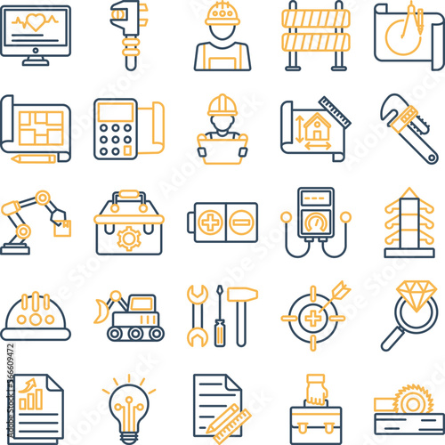 Engineering vector icons, architecture icons pack, construction vector icons, engineering icons pack, repairing icons set, icons collection of engineering, engineering line dual icons set 
