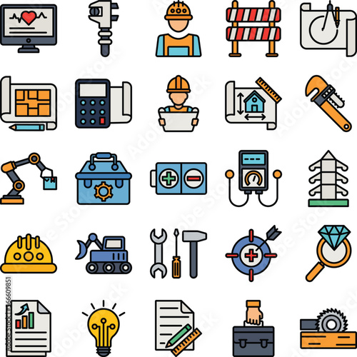 Engineering vector icons, architecture icons pack, construction vector icons, engineering icons pack, repairing icons set, icons collection of engineering, engineering fill color icons set 