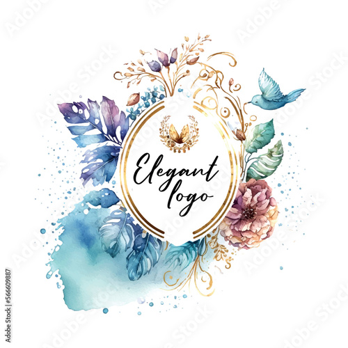 Watercolor logo template floral logo, flower, branch. Wedding Premade logo design. Florist logotype. Brand identity. Rustic whimsical Simple