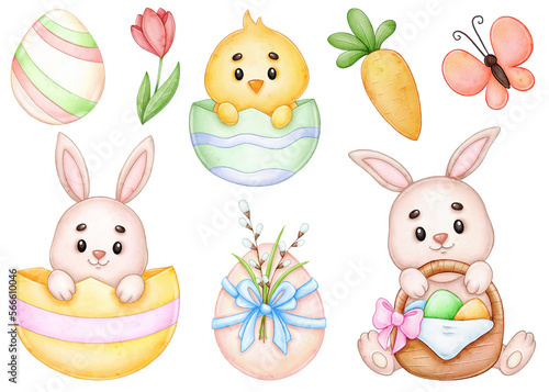 Canvas Print Cute rabbit and easter watercolor clipart