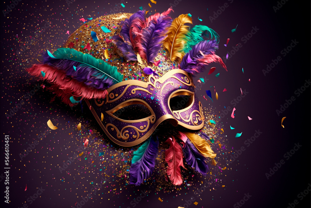Carnival mask, background, confetti, streamers and glitter 