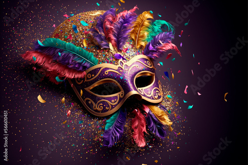 Carnival mask, background, confetti, streamers and glitter 