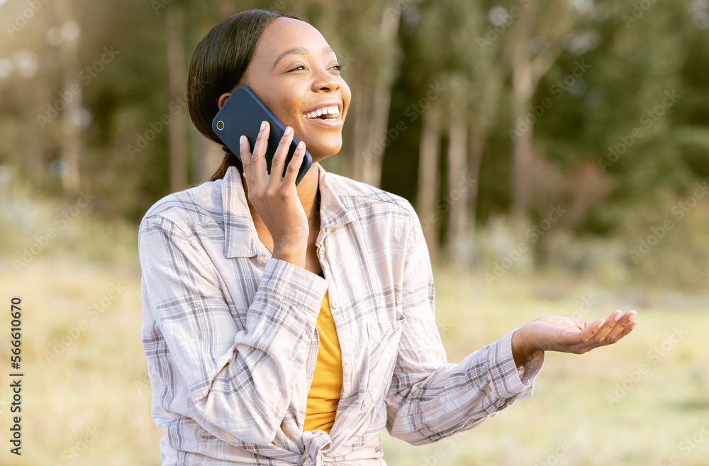 Black woman, nature woods and happy phone call with question, comic laugh and smile on grass in summer. Adventure, crazy smartphone conversation or funny talk for girl in sunshine, forest and outdoor Black woman, nature woods and happy phone call with question, comic laugh and smile on grass in summer. Adventure, crazy smartphone conversation or funny talk for girl in sunshine, forest and outdoor