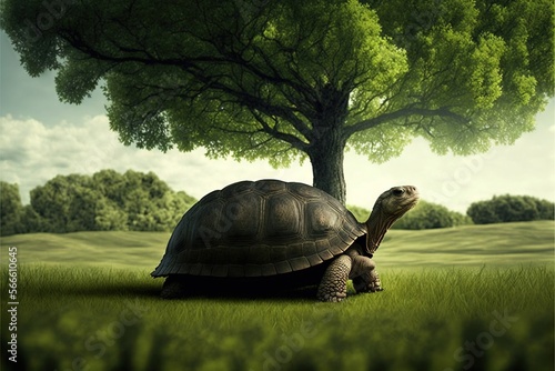  a painting of a tortoise under a tree in a grassy field with a sky background and a green field with grass and trees.  generative ai photo