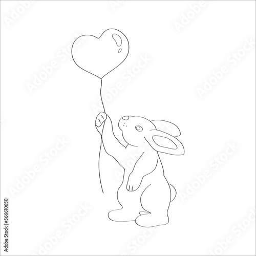 Bunny with heart balloon on transparent background. Vector outline art illustration.
