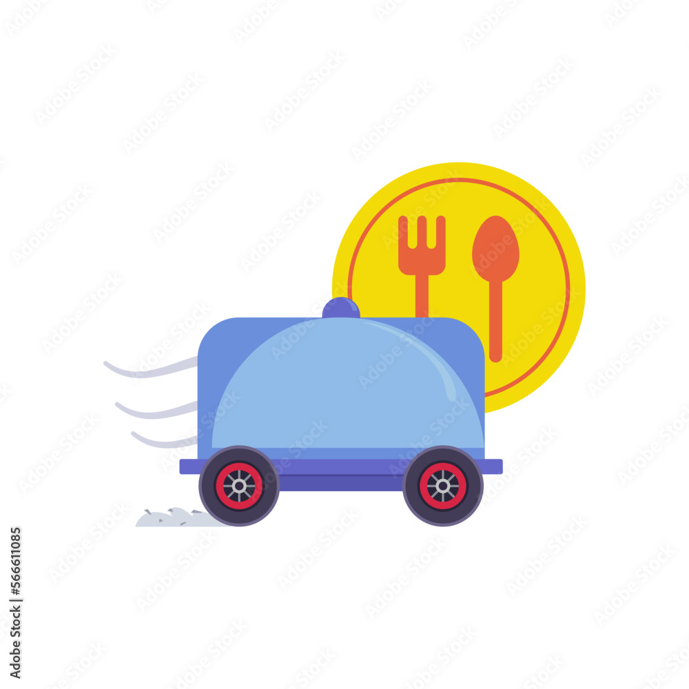Hot plate on wheels vector illustration. Express food delivery element isolated on white background. Food delivery concept