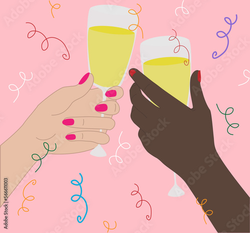 Vector illustration with two woman hands with black and white skin holding retro champagne glasses and party confetti in cartoon style