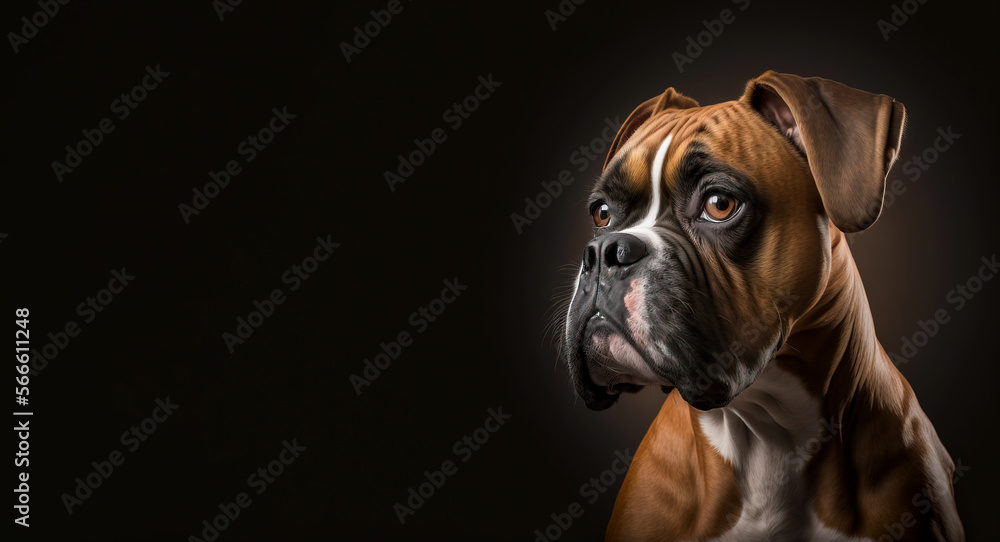 Beautiful young fawn boxer pet dog with expressive eyes on dark background.  Image created with generative ai