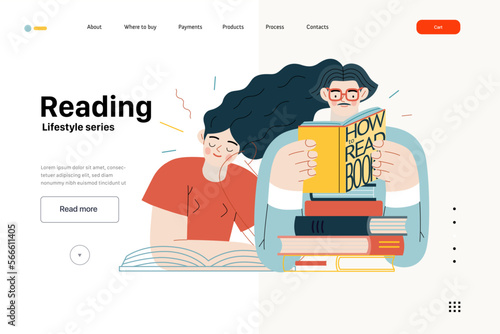 Lifestyle web template - Reading - modern flat vector illustration of a man and a woman reading the books. People activities concept