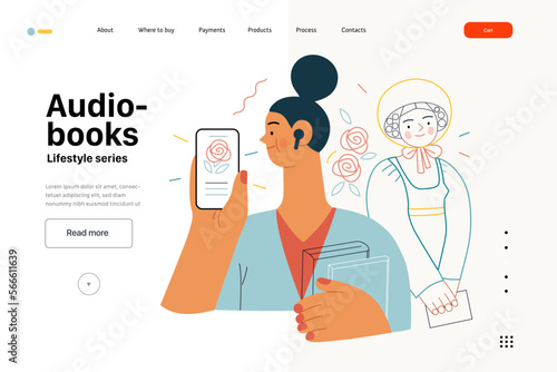 Lifestyle web template -Audiobooks -modern flat vector illustration of a woman listening an audiobook with buds in the tablet application, Victorian Era literary character. People activities concept