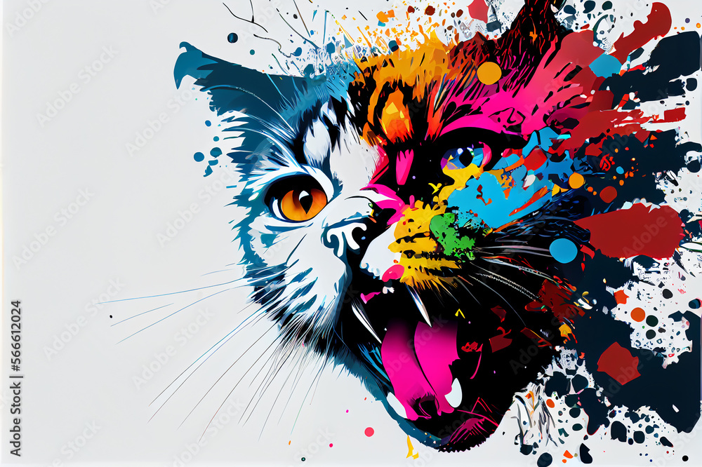 An attacker. An angry cat face. Pop art illustration of a predator, the wild animal in a creative style with an explosion of colours, and white background.