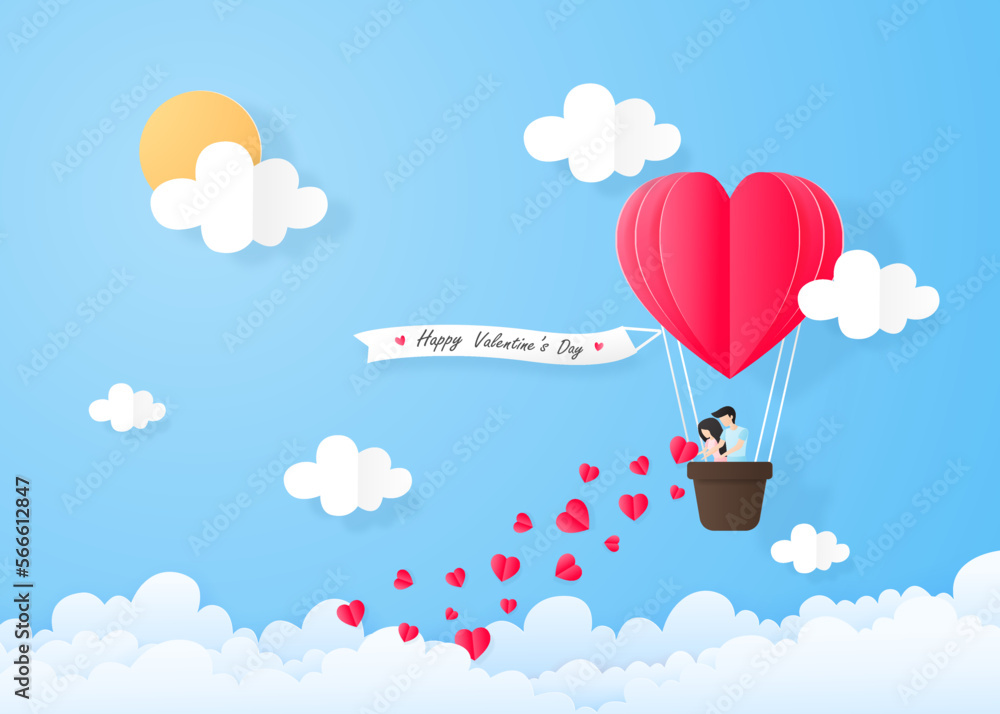 Valentine's greeting love card design with pink heart paper cut style ballon and romantic couple on blue sky and clouds background.