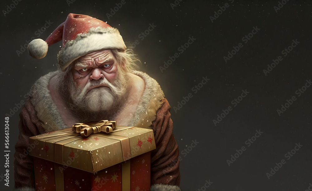 Miserable Santa Claus with a gift, Christmas image created with generative ai - obrazy, fototapety, plakaty 