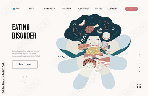 Mental disorders web template. Eating disorder - modern flat vector illustration of a woman stuffing herself meeting with a stress experience. People emotional, psychological, mental traumas concept