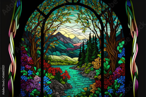 Canvas Print a beautiful landscape in the style of stained glass art, created with generative