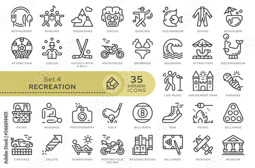 Set of conceptual icons. Vector icons in flat linear style for web sites, applications and other graphic resources. Set from the series - Recreation. Editable outline icon.	
