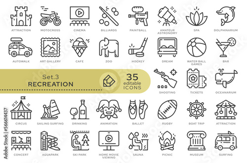 Set of conceptual icons. Vector icons in flat linear style for web sites, applications and other graphic resources. Set from the series - Recreation. Editable outline icon. 