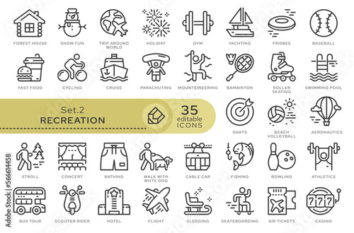 Set of conceptual icons. Vector icons in flat linear style for web sites, applications and other graphic resources. Set from the series - Recreation. Editable outline icon. 